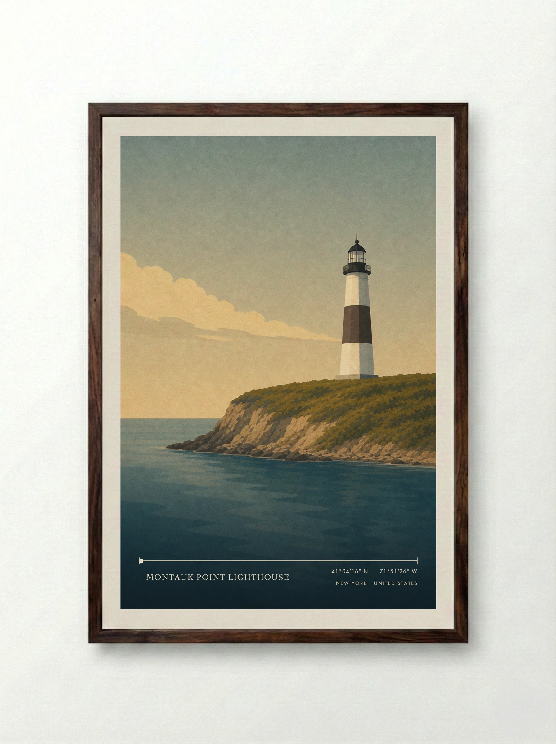 Montauk Point Lighthouse Travel Poster Artwork - Framed Print Dark Wood