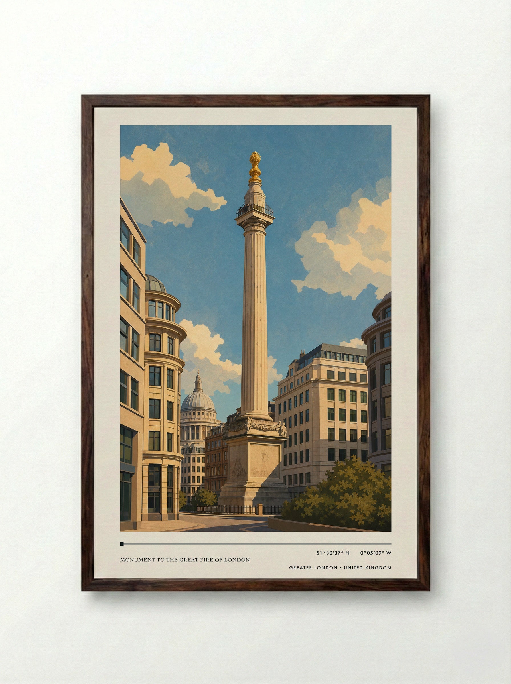 Monument to the Great Fire of London Greater London United Kingdom Travel Poster - Framed Print Dark Wood