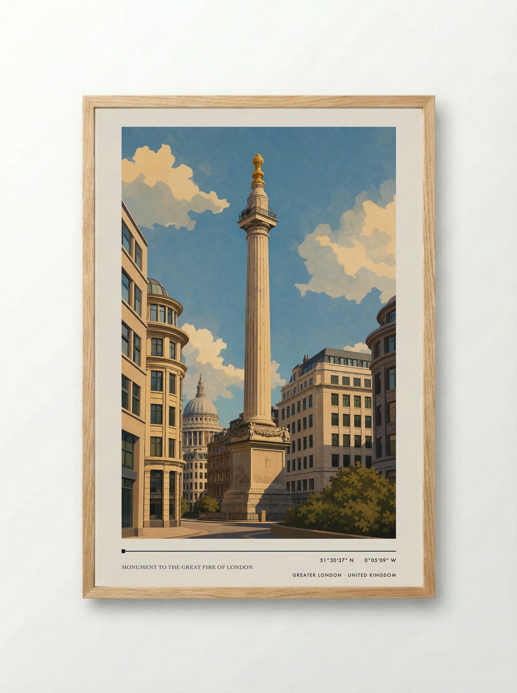 Monument to the Great Fire of London Greater London United Kingdom Travel Poster - Framed Print Wood