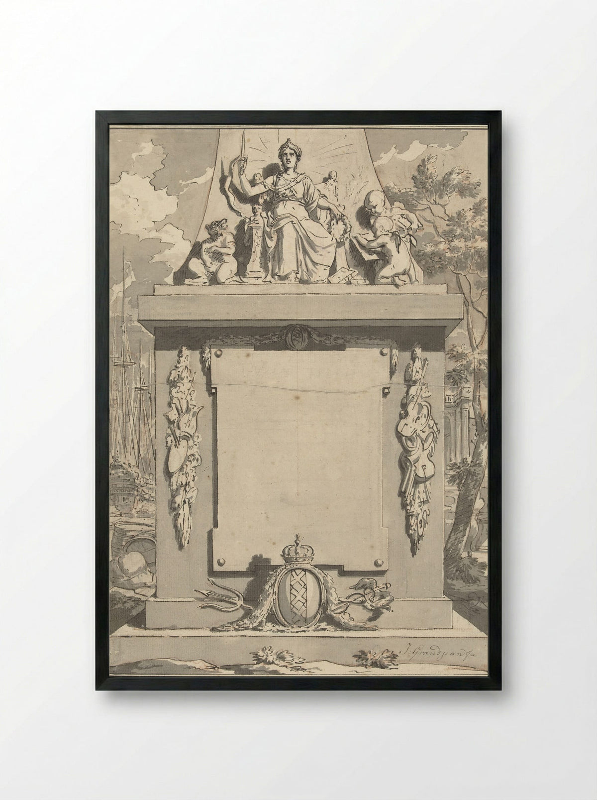Monument with Attributes of Amsterdam, Commerce and the Arts - Jean Grandjean - Framed Print Black