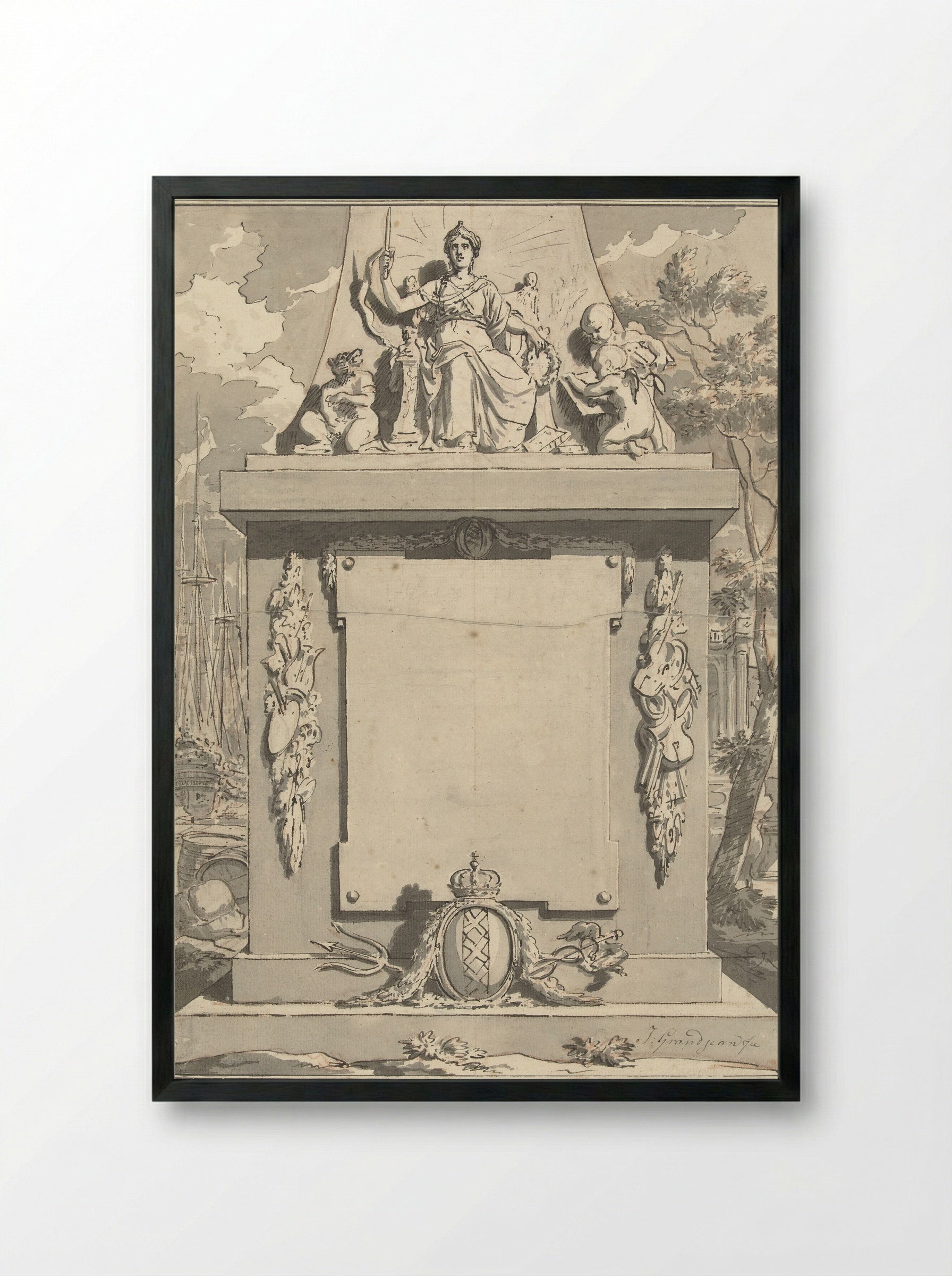 Monument with Attributes of Amsterdam, Commerce and the Arts - Jean Grandjean - Framed Print Black