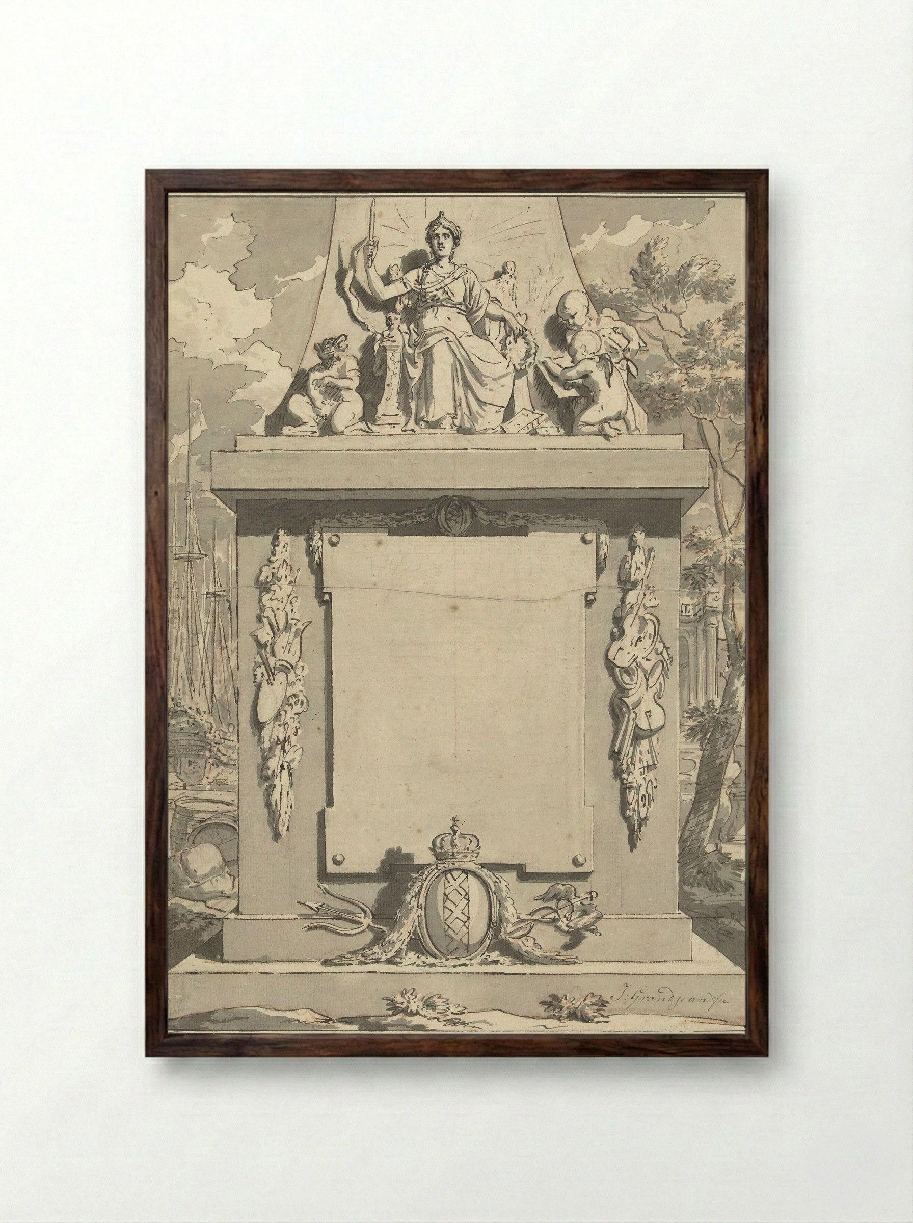 Monument with Attributes of Amsterdam, Commerce and the Arts - Jean Grandjean - Framed Print Dark Wood