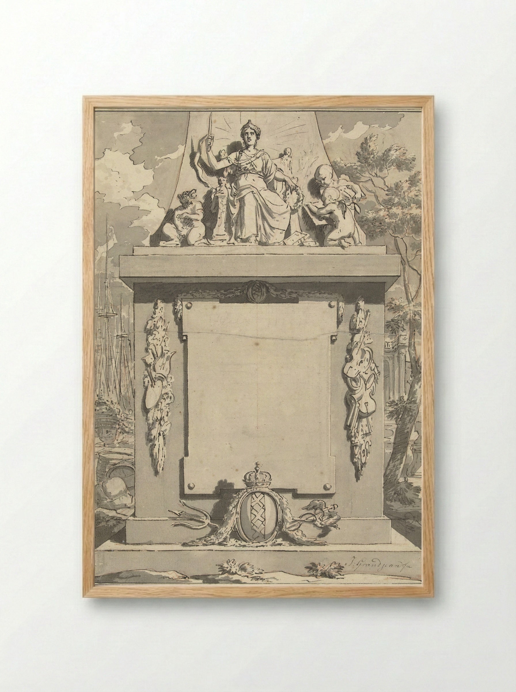 Monument with Attributes of Amsterdam, Commerce and the Arts - Jean Grandjean - Framed Print Wood