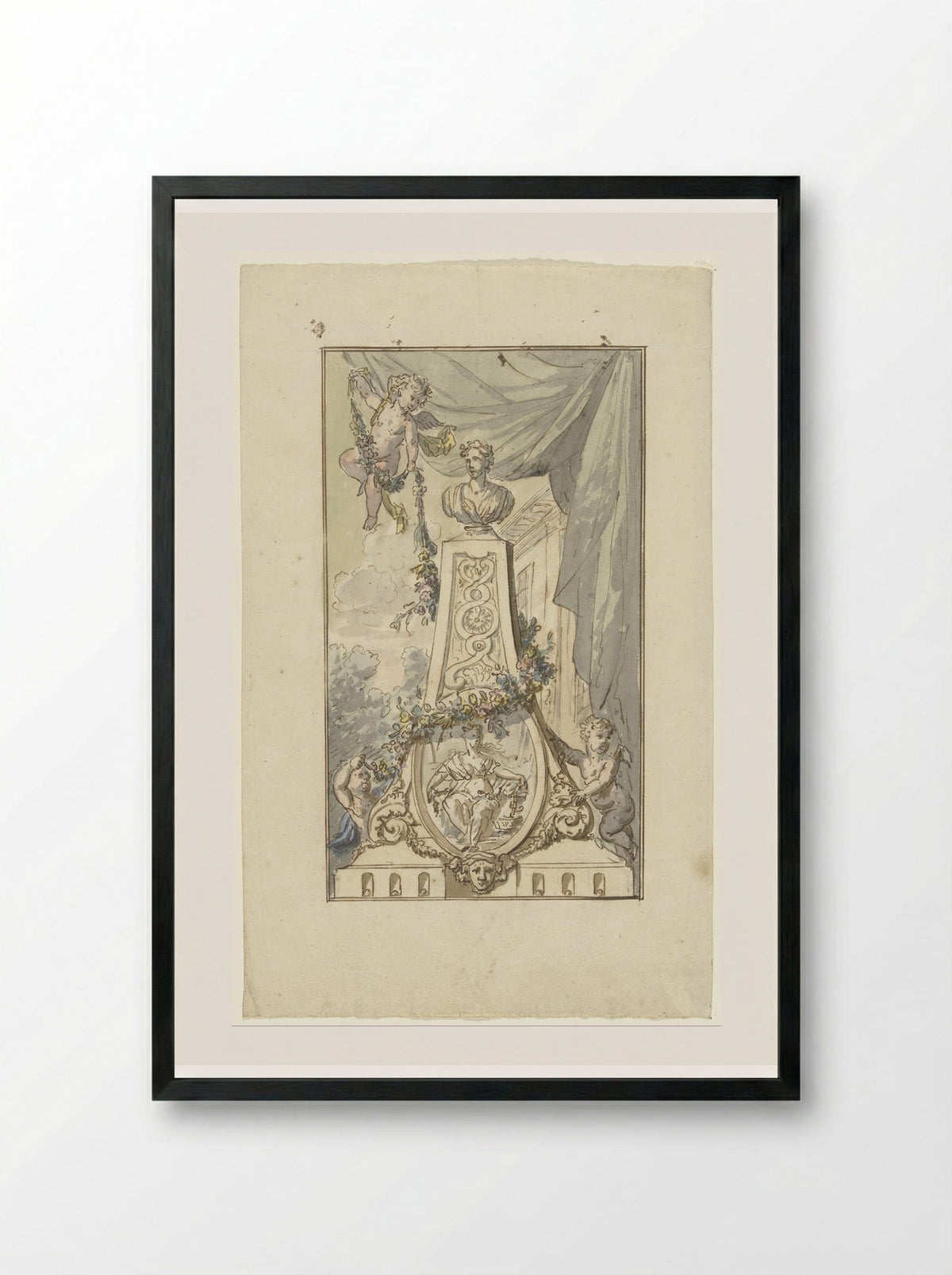 Monument with Bust and Medallion, Wreathed by Putti - Elias van Nijmegen - Framed Print Black