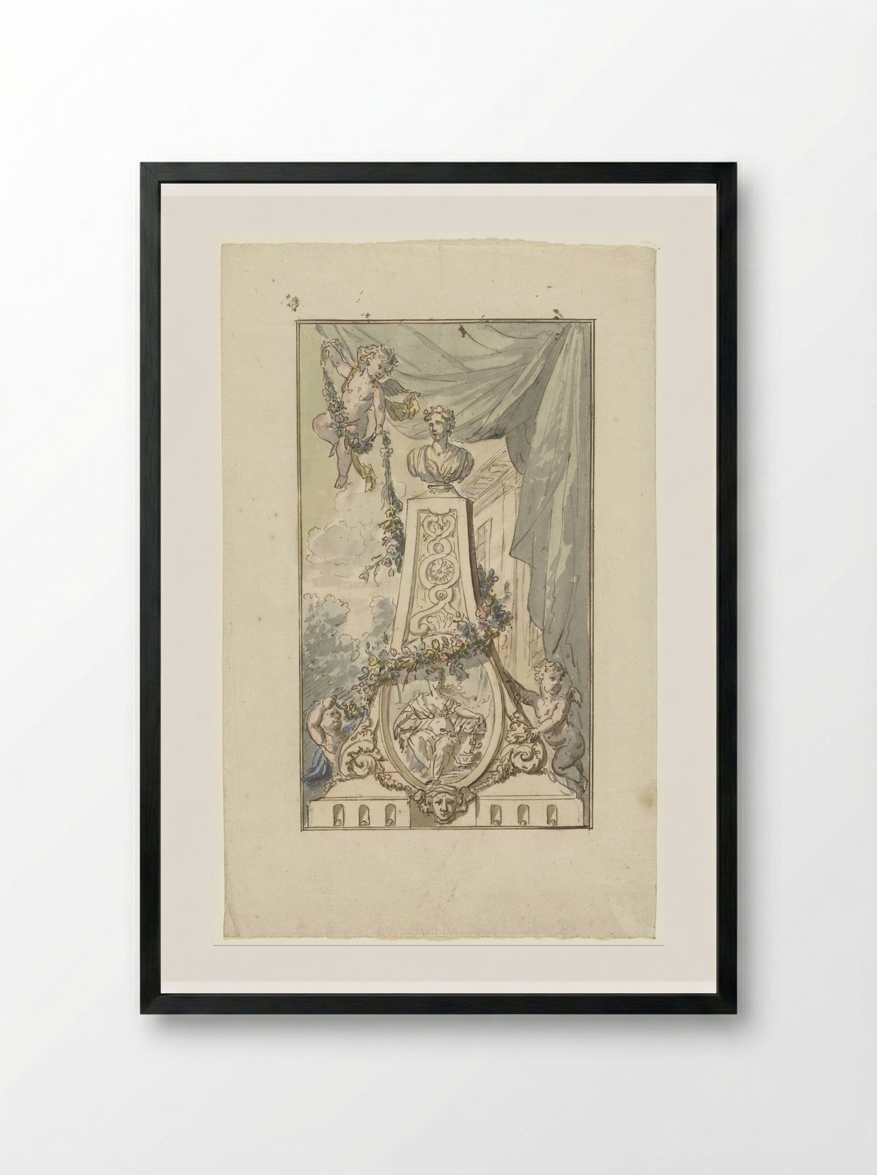 Monument with Bust and Medallion, Wreathed by Putti - Elias van Nijmegen - Framed Print Black