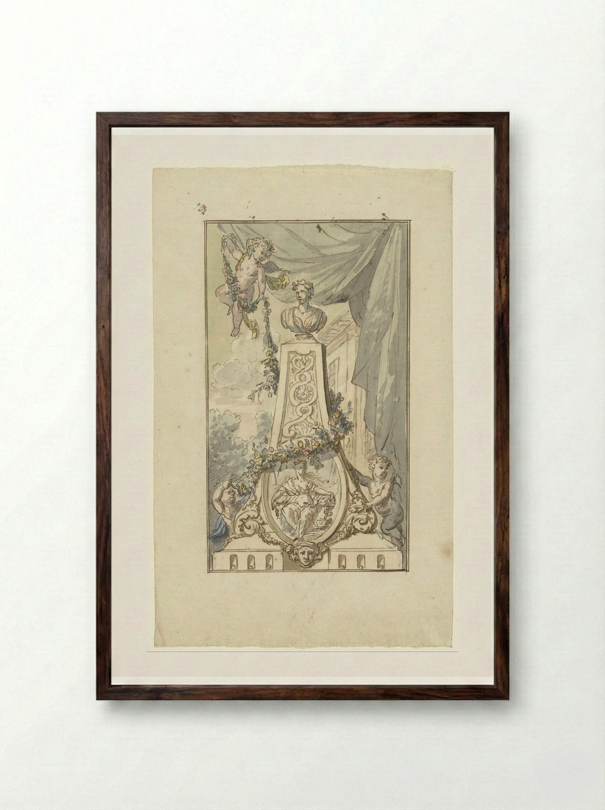 Monument with Bust and Medallion, Wreathed by Putti - Elias van Nijmegen - Framed Print Dark Wood