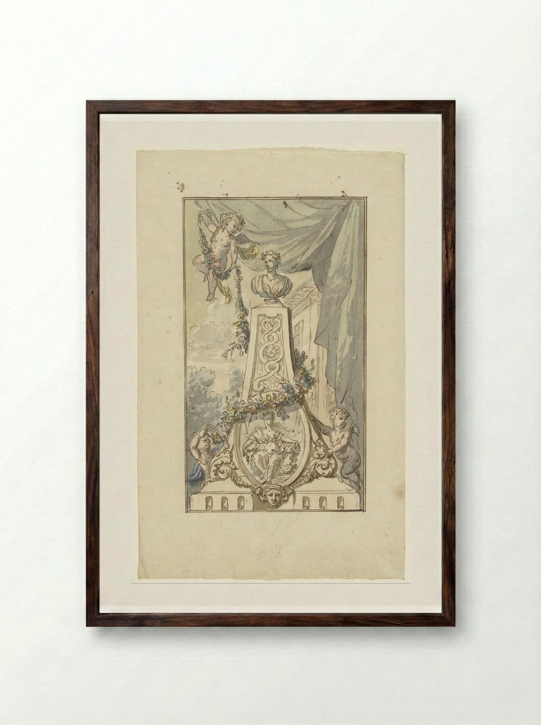Monument with Bust and Medallion, Wreathed by Putti - Elias van Nijmegen - Framed Print Dark Wood