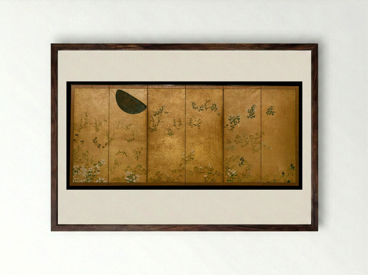 Moon and Autumn Grasses - Tawaraya Sōtatsu - Framed Print Dark Wood