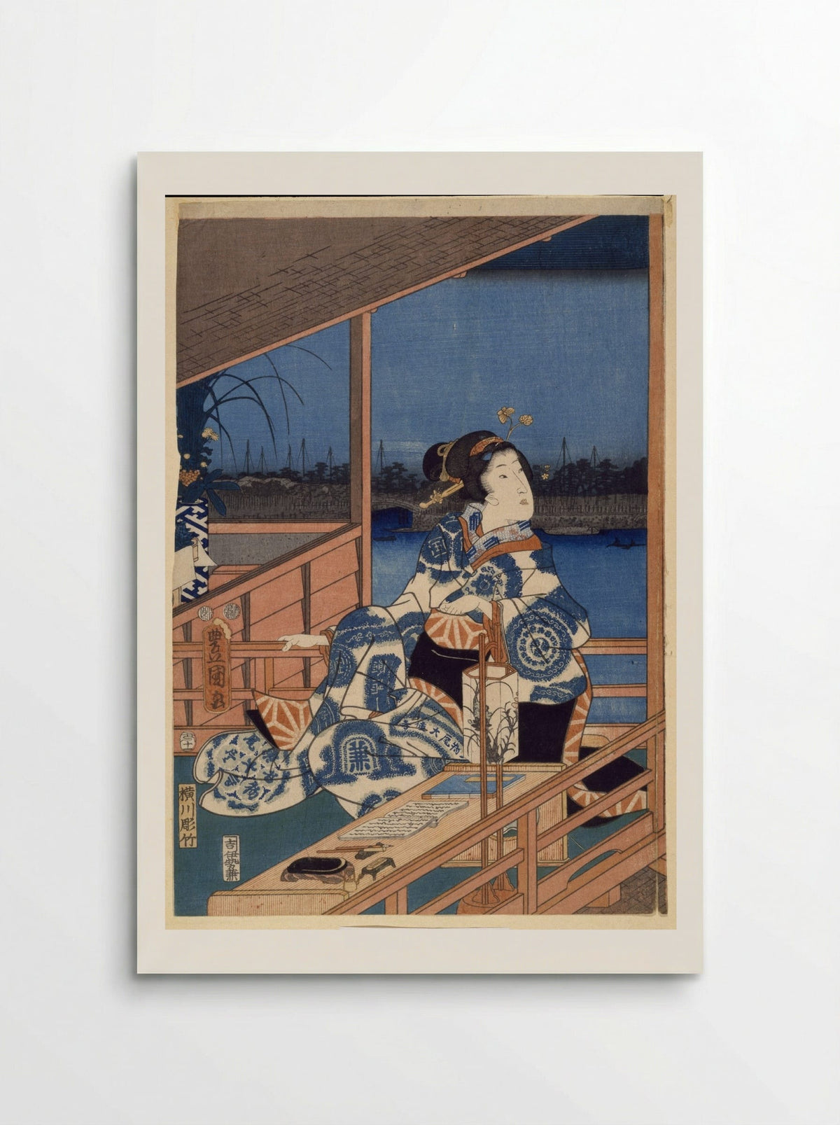 Moonlight View of Tsukuda with Lady on a Balcony - Utagawa Hiroshige - Poster