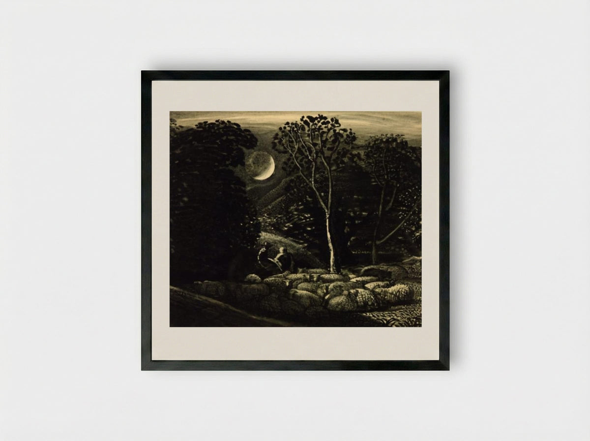 Moonlight, a Landscape with Sheep - Samuel Palmer - Framed Print Black