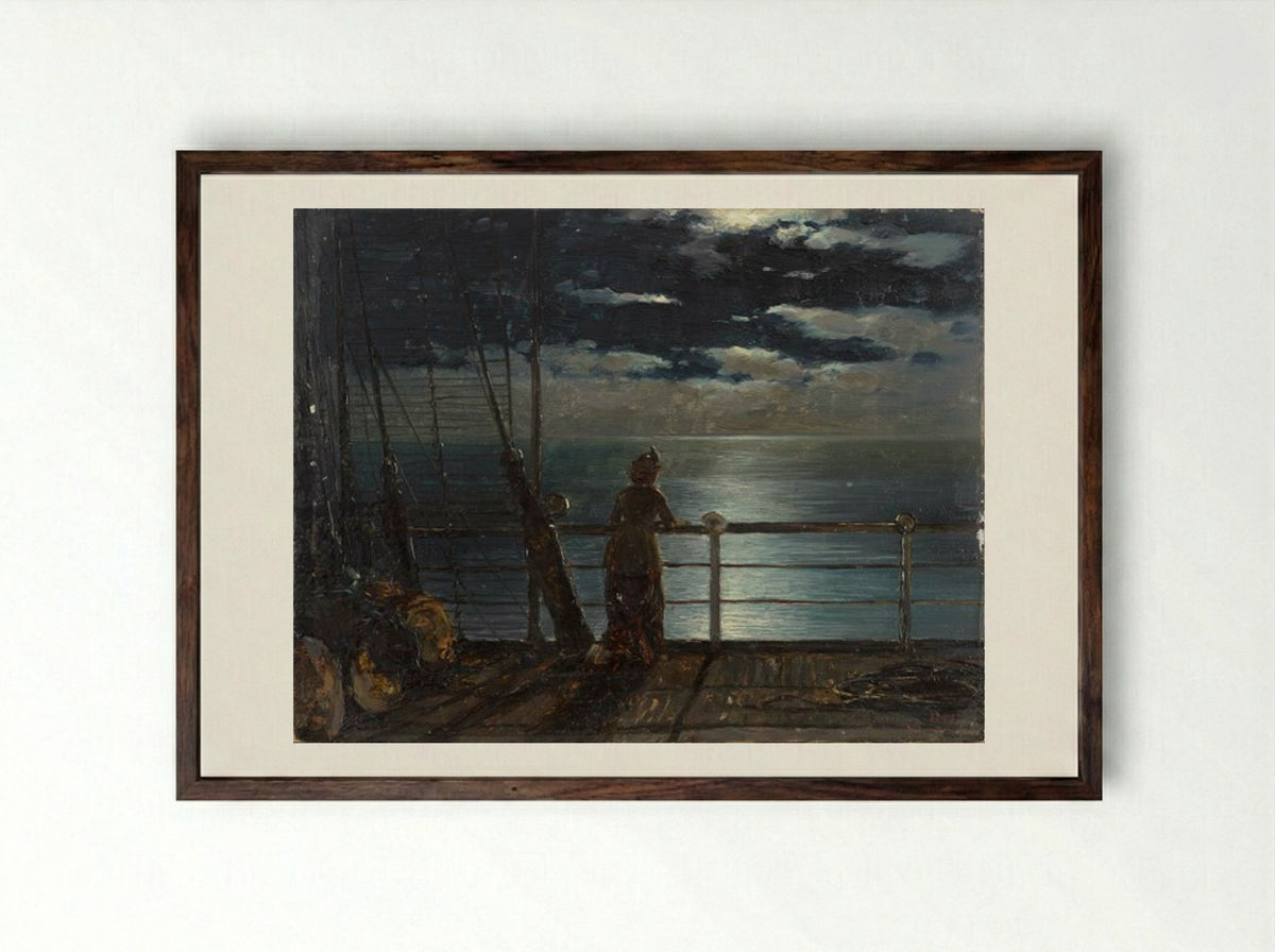 Moonlight on the Sea - Julius Sergius von Klever - Framed Print Dark Wood