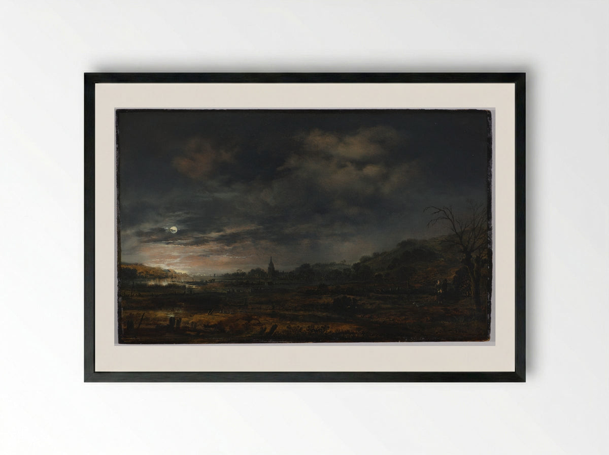 Moonlit Estuary - Aert van der Neer - Framed Print Black