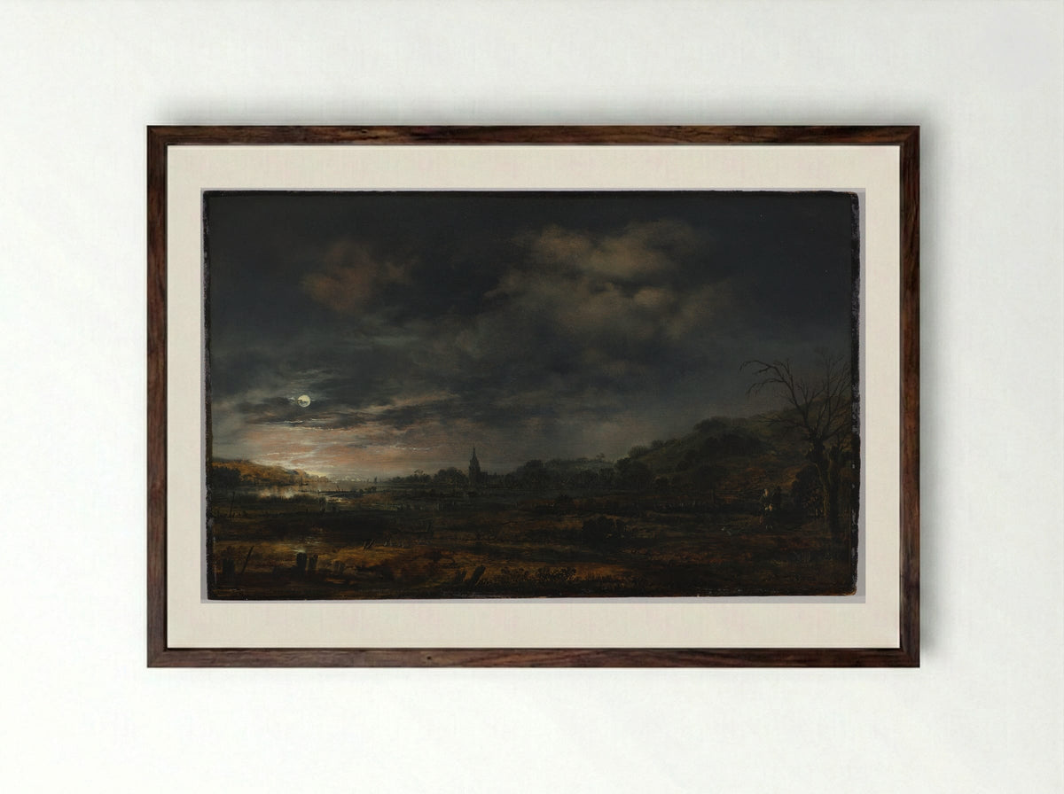 Moonlit Estuary - Aert van der Neer - Framed Print Dark Wood
