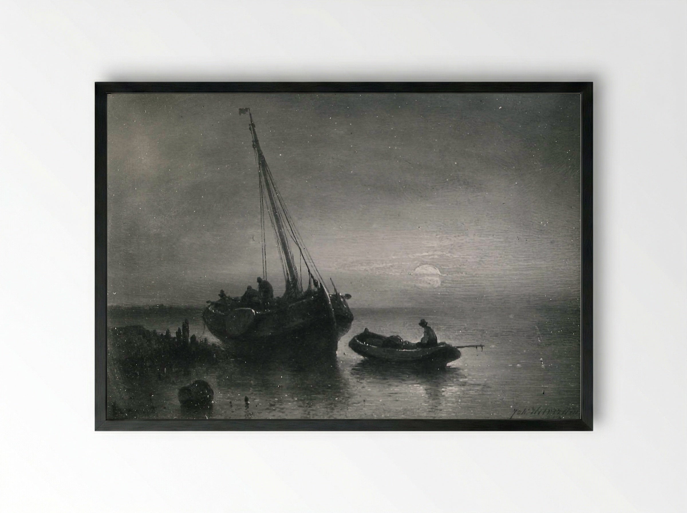 Moonlit Seascape with Fishing Boats - Johannes Hilverdink - Framed Print Black