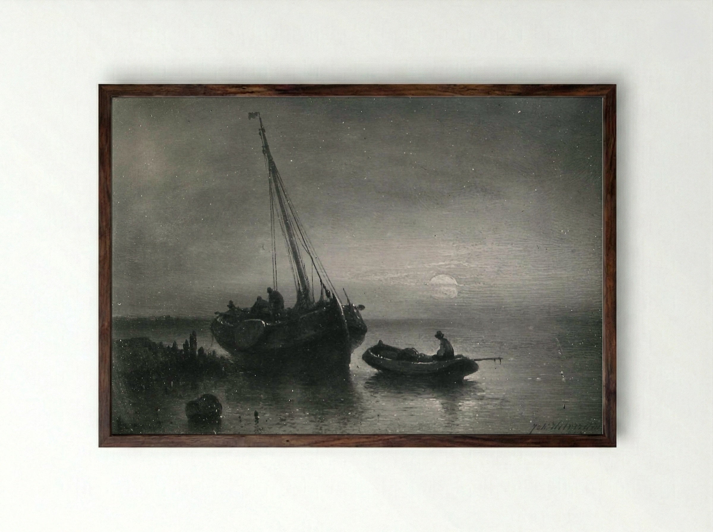 Moonlit Seascape with Fishing Boats - Johannes Hilverdink - Framed Print Dark Wood