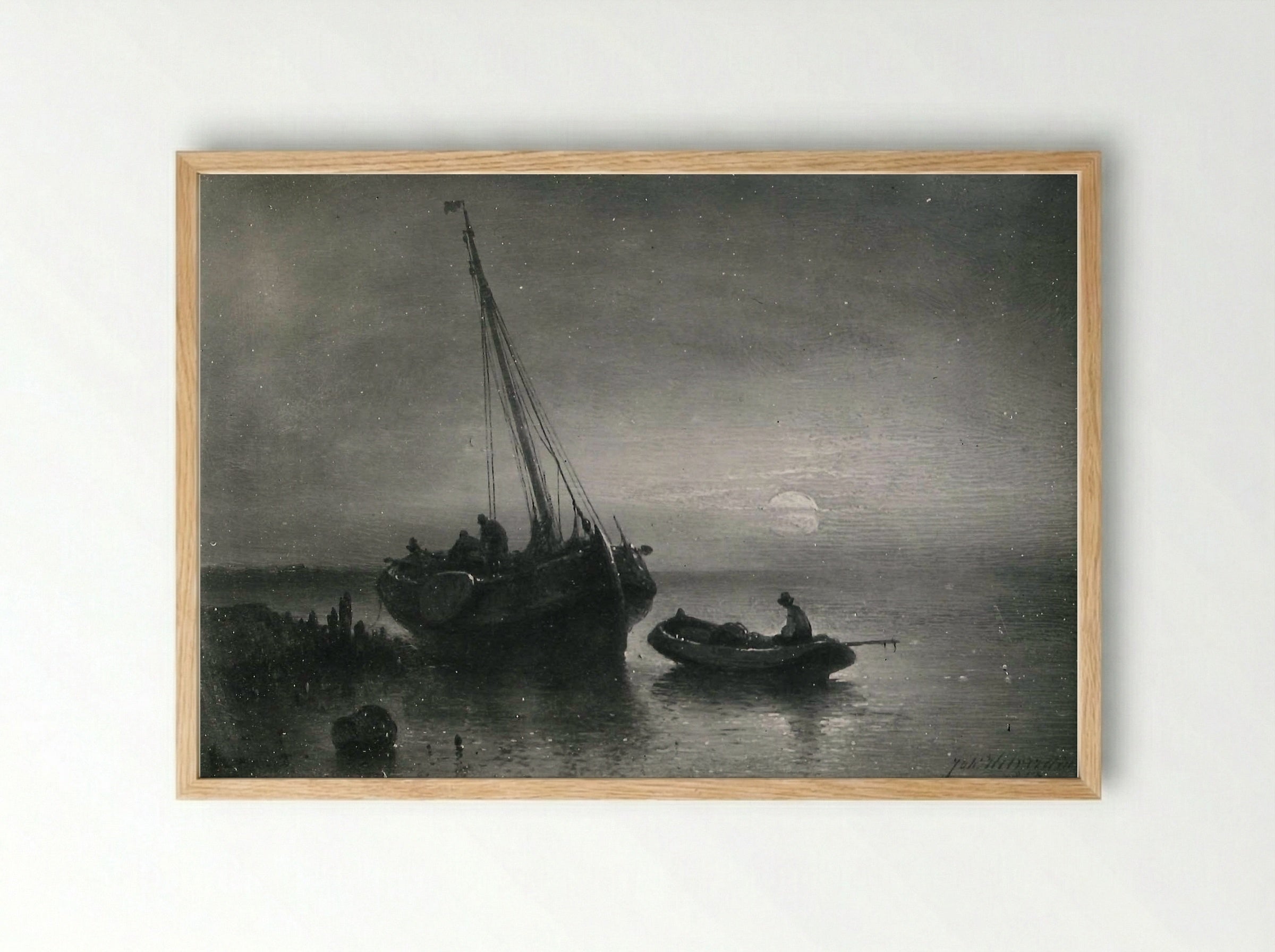 Moonlit Seascape with Fishing Boats - Johannes Hilverdink - Framed Print Wood