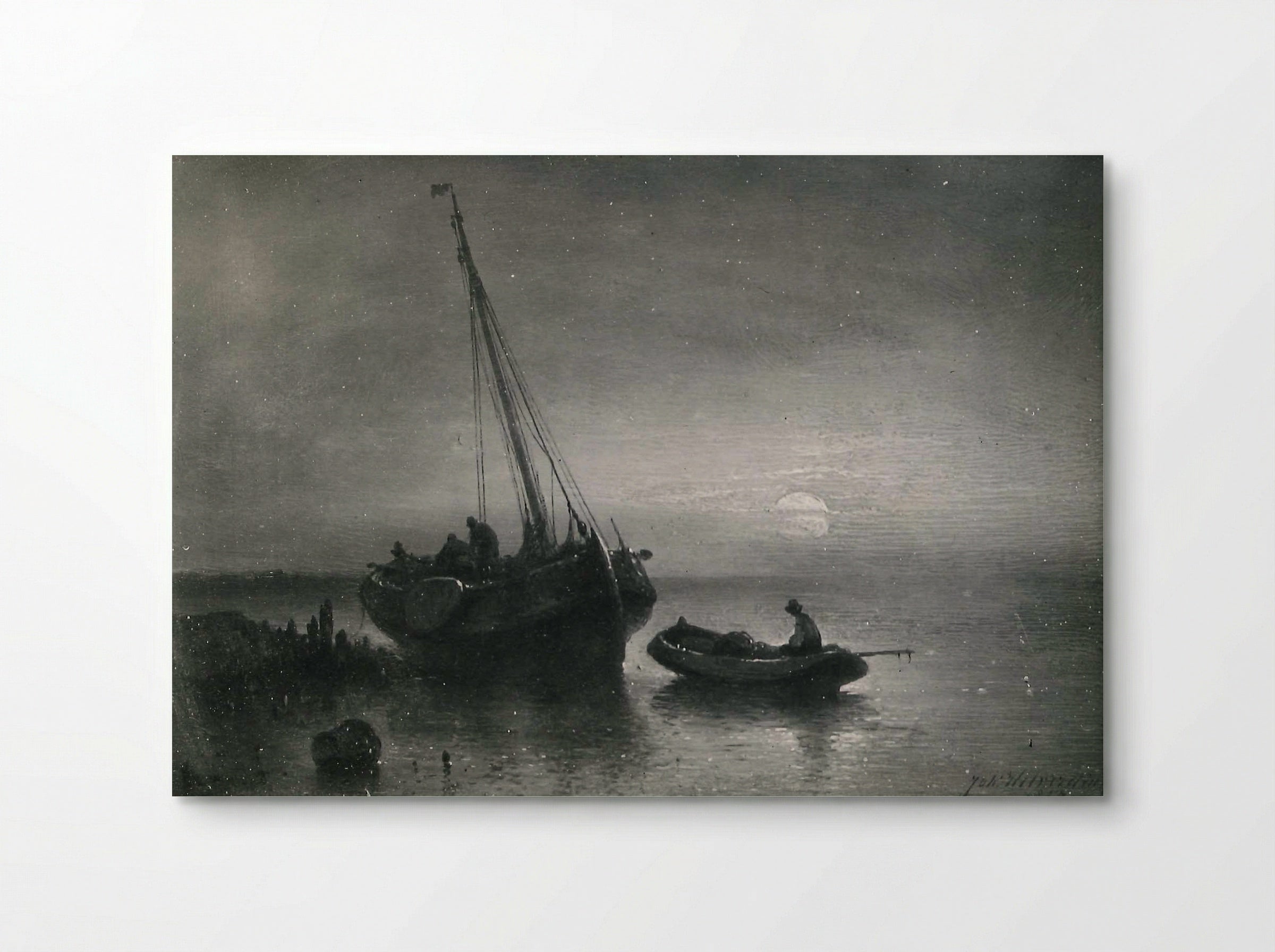Moonlit Seascape with Fishing Boats - Johannes Hilverdink - Poster