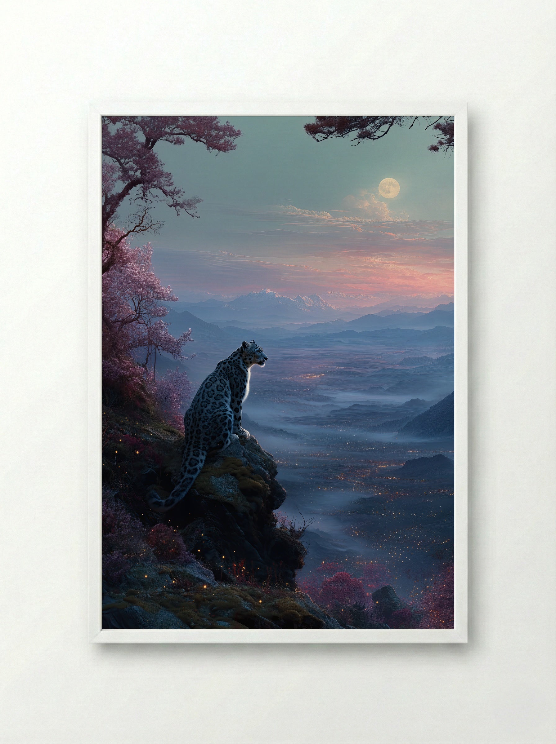 Moonlit Watch – Snow Leopard Print Over Twilight Mountain Valley - Framed Print White