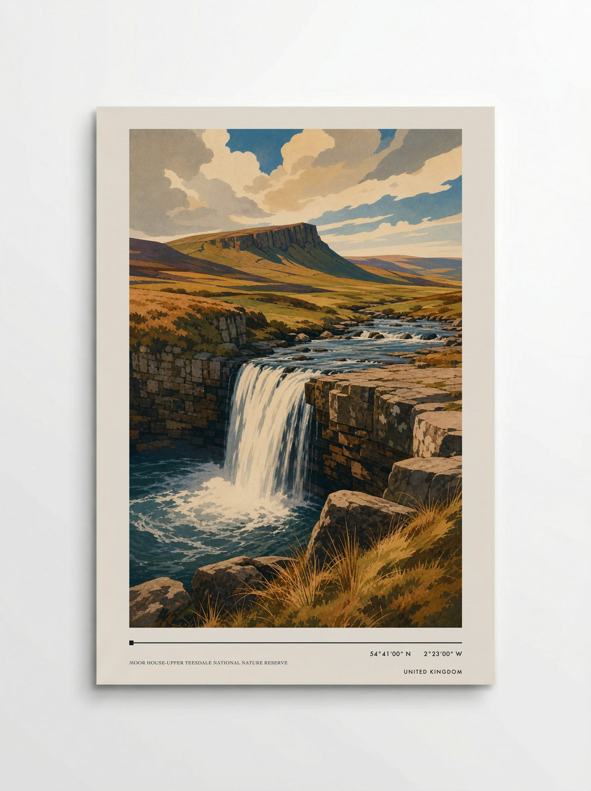 Moor House-Upper Teesdale National Nature Reserve travel poster: a stone weir, rushing cascade and open northern moorland under wide skies