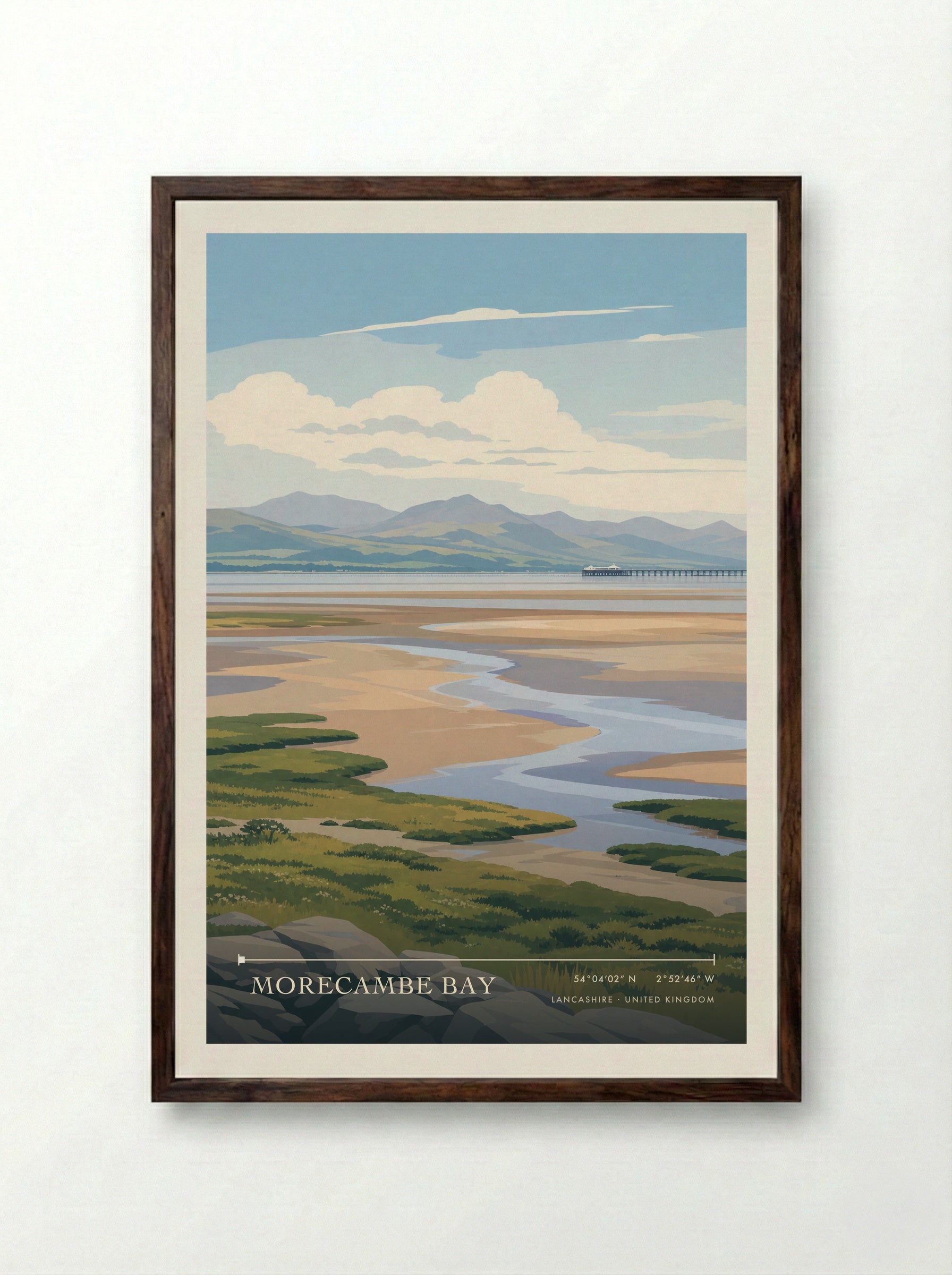 Morecambe Bay Lancashire United Kingdom Travel Poster - Framed Print Dark Wood