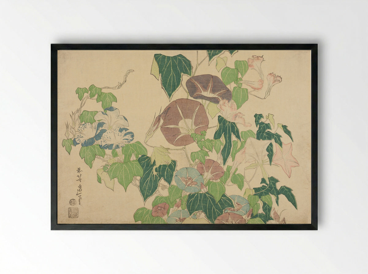 Morning Glories and Tree-frog - Katsushika Hokusai - Framed Print Black