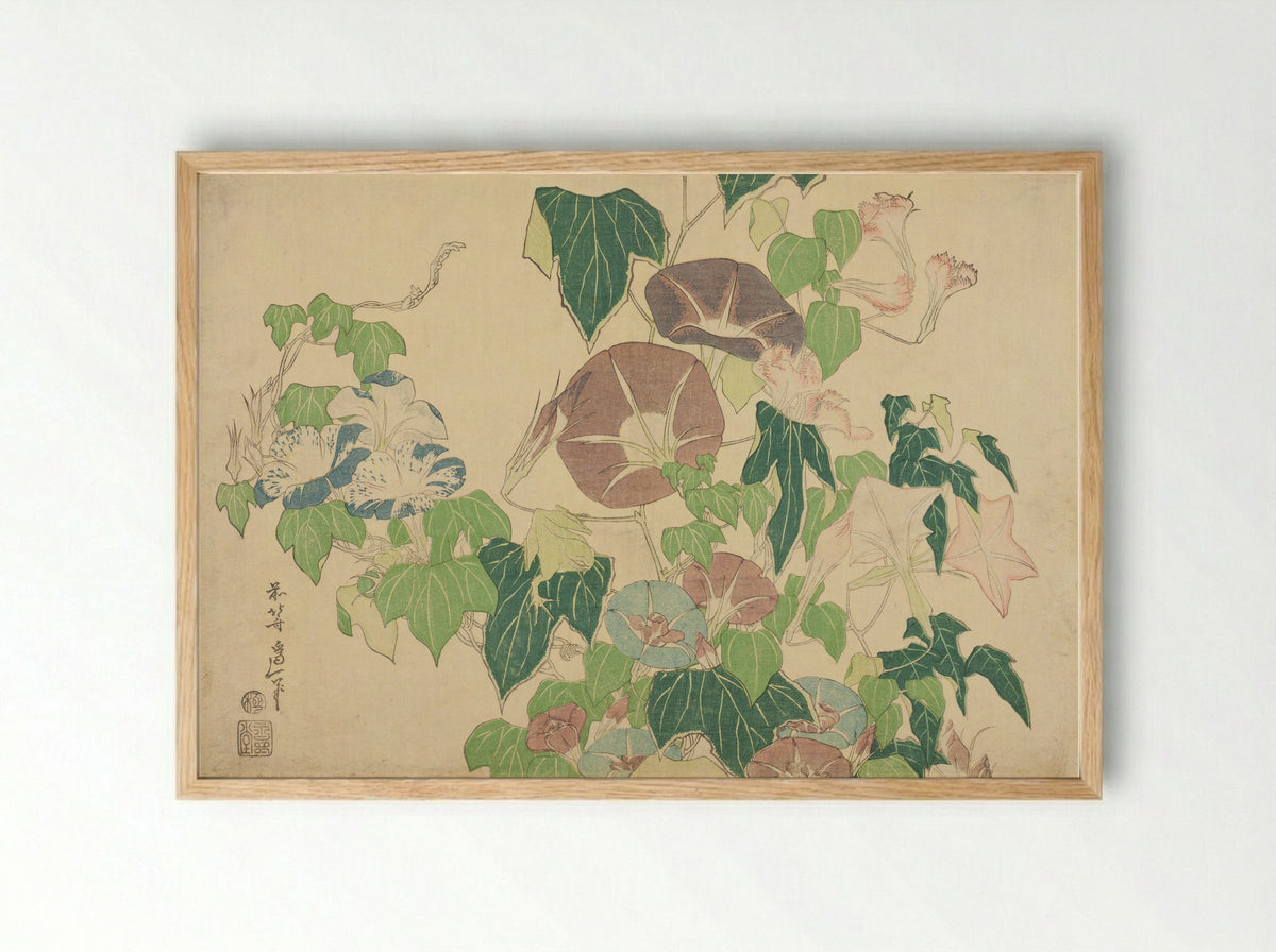 Morning Glories and Tree-frog - Katsushika Hokusai - Framed Print Wood