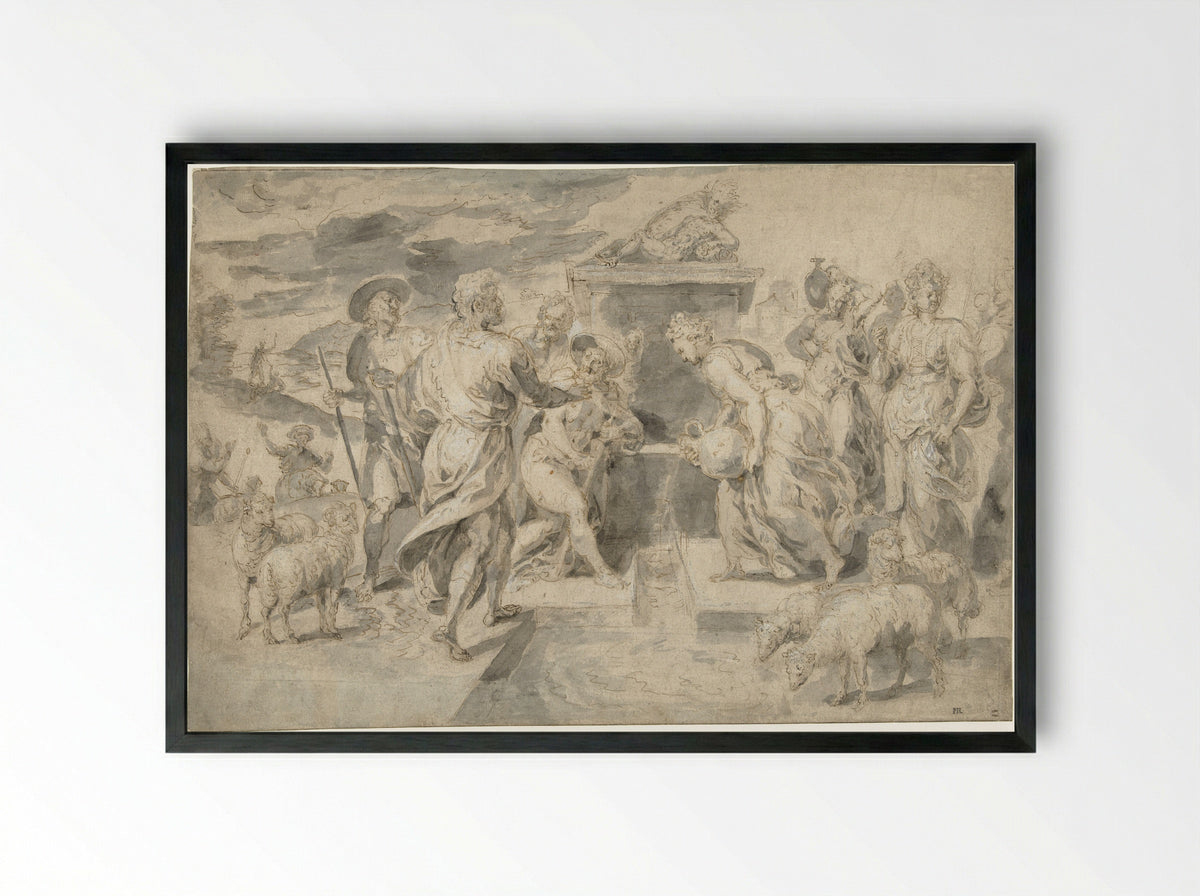 Moses Defending the Daughters of Jethro - Chrispijn van den Broeck - Framed Print Black