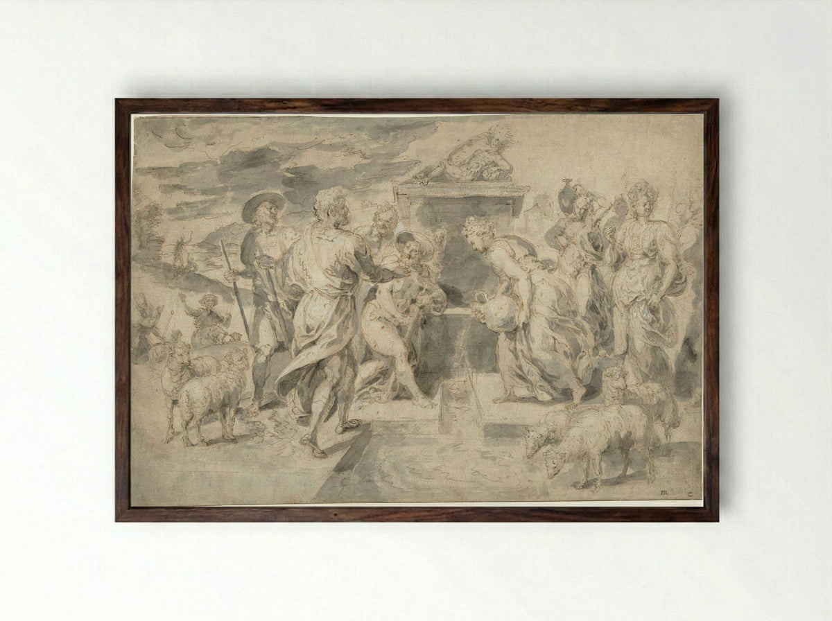 Moses Defending the Daughters of Jethro - Chrispijn van den Broeck - Framed Print Dark Wood