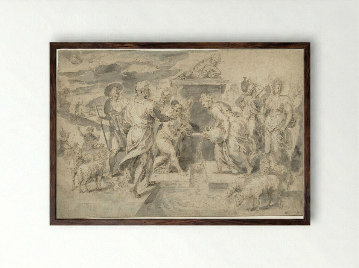 Moses Defending the Daughters of Jethro - Chrispijn van den Broeck - Framed Print Dark Wood