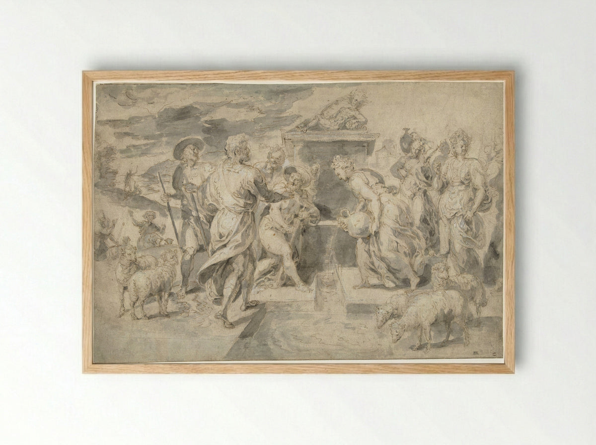 Moses Defending the Daughters of Jethro - Chrispijn van den Broeck - Framed Print Wood