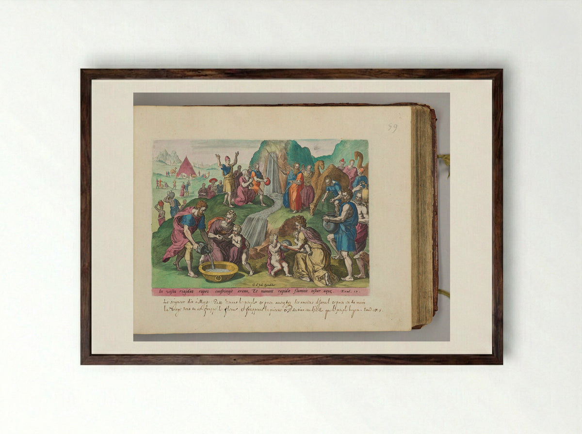 Moses Striking Water from the Rock - Johann Sadeler I - Framed Print Dark Wood