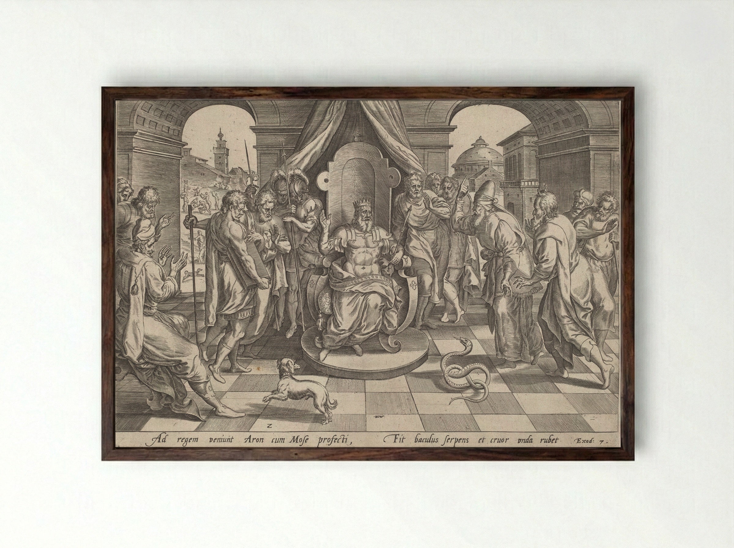 Moses and Aaron before the Pharaoh - Johannes Wierix - Framed Print Dark Wood