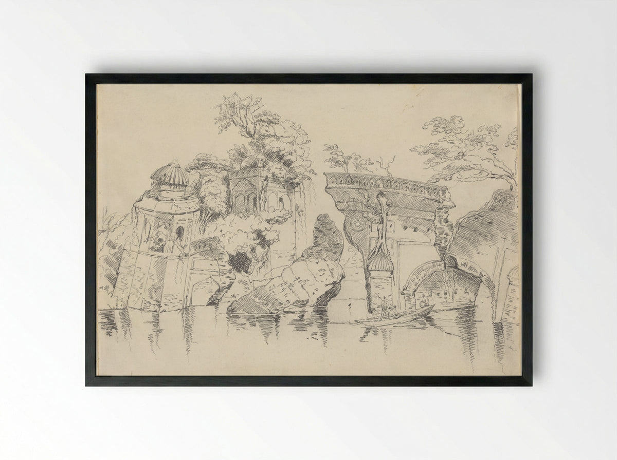 Mosque and Cuttra on the Banks of the Buragunza, Dacca - George Chinnery - Framed Print Black