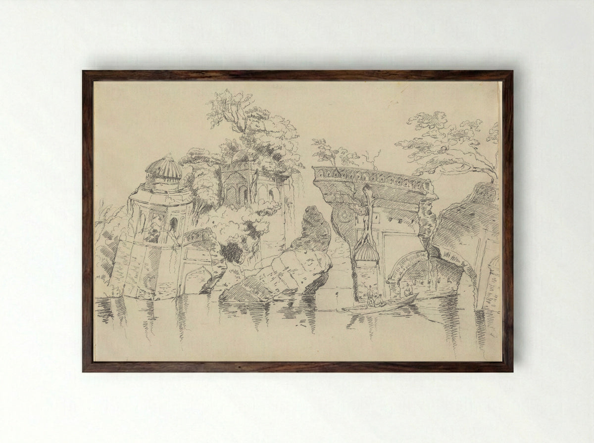 Mosque and Cuttra on the Banks of the Buragunza, Dacca - George Chinnery - Framed Print Dark Wood