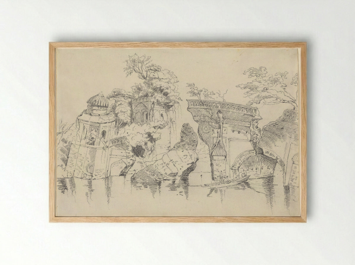 Mosque and Cuttra on the Banks of the Buragunza, Dacca - George Chinnery - Framed Print Wood