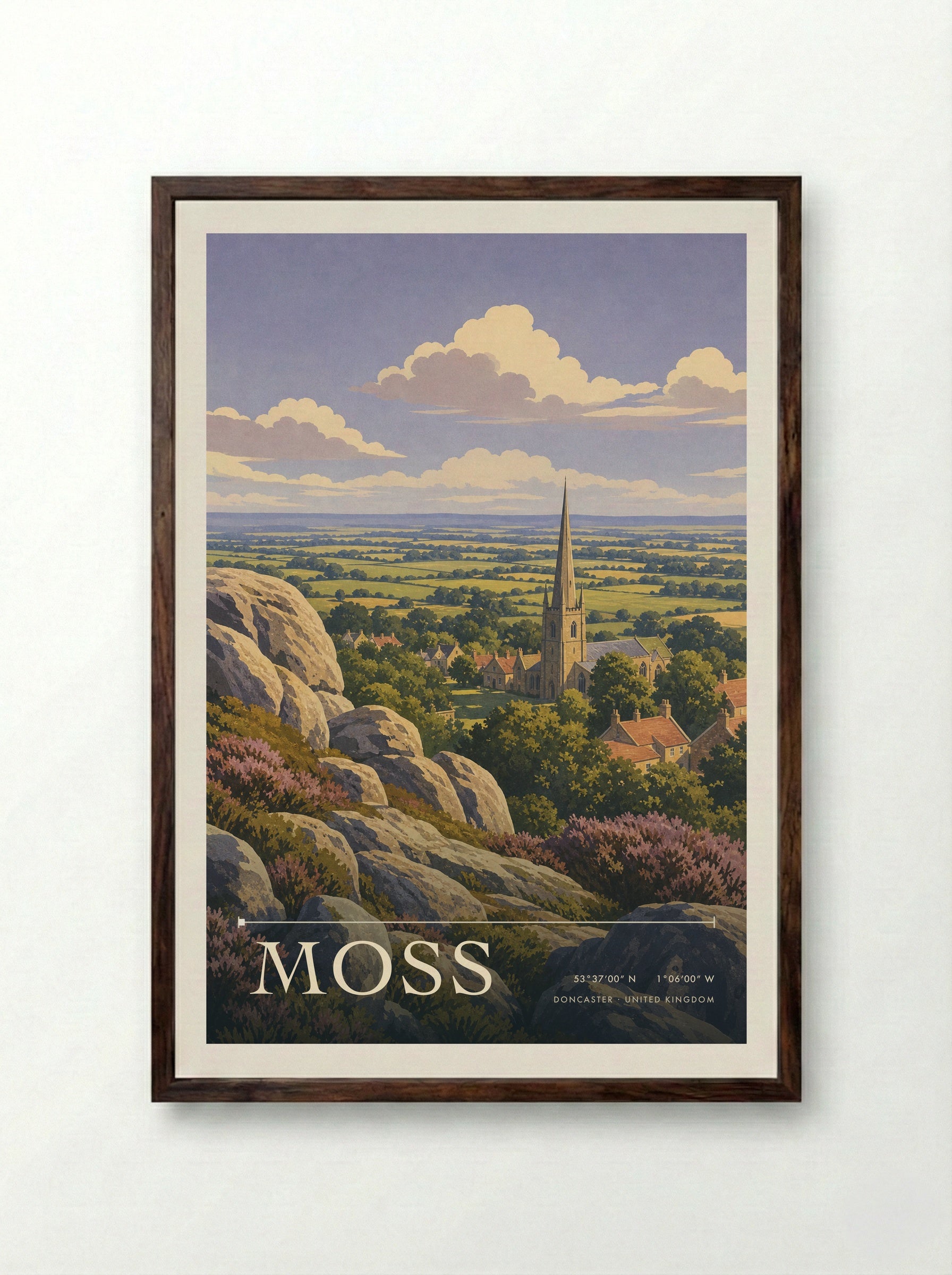 Moss Doncaster United Kingdom Travel Poster - Framed Print Dark Wood