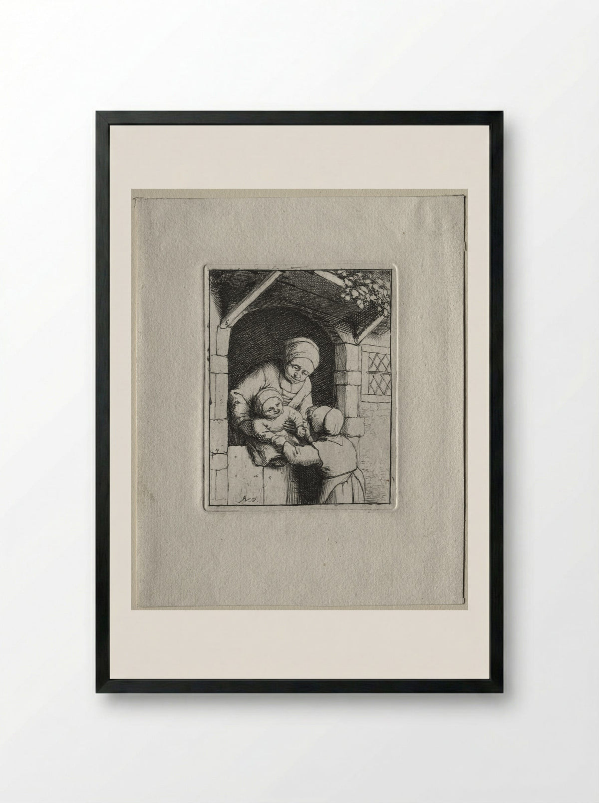 Mother and Two Children - Adriaen van Ostade - Framed Print Black