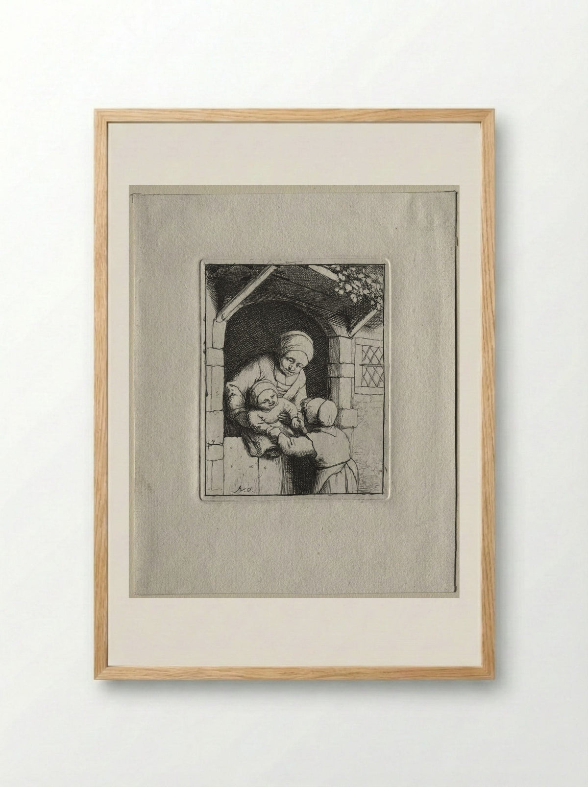 Mother and Two Children - Adriaen van Ostade - Framed Print Wood