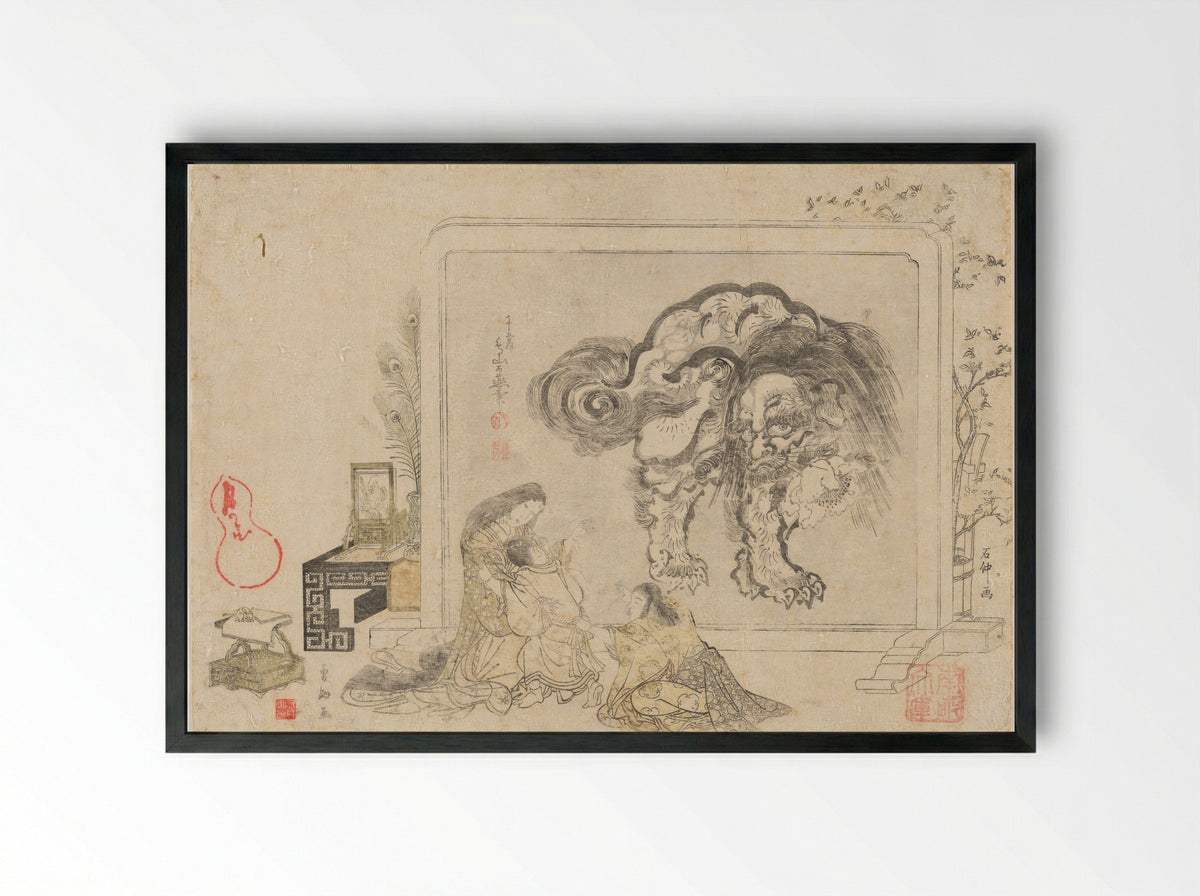 Mother and her Children in Front of a Freestanding Screen of a Chinese Lion - Kitagawa Utamaro - Framed Print Black