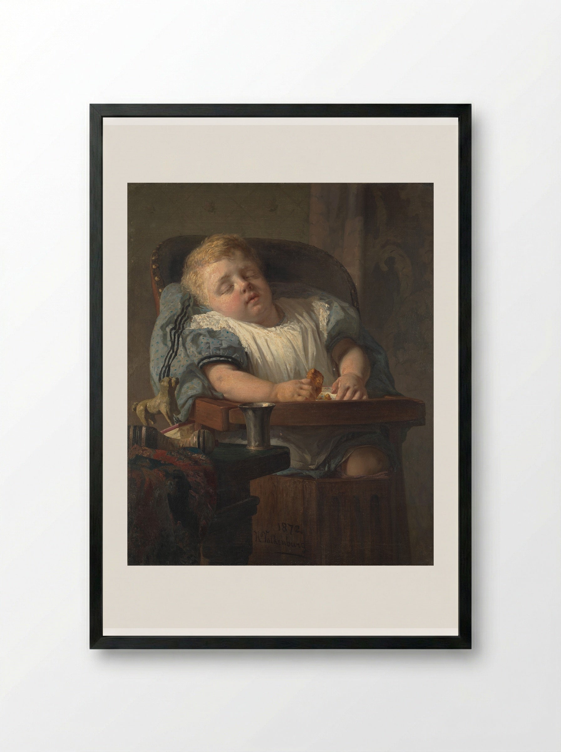 Mother with a Child in a High Chair in an Interior - Hendrik Valkenburg - Framed Print Black