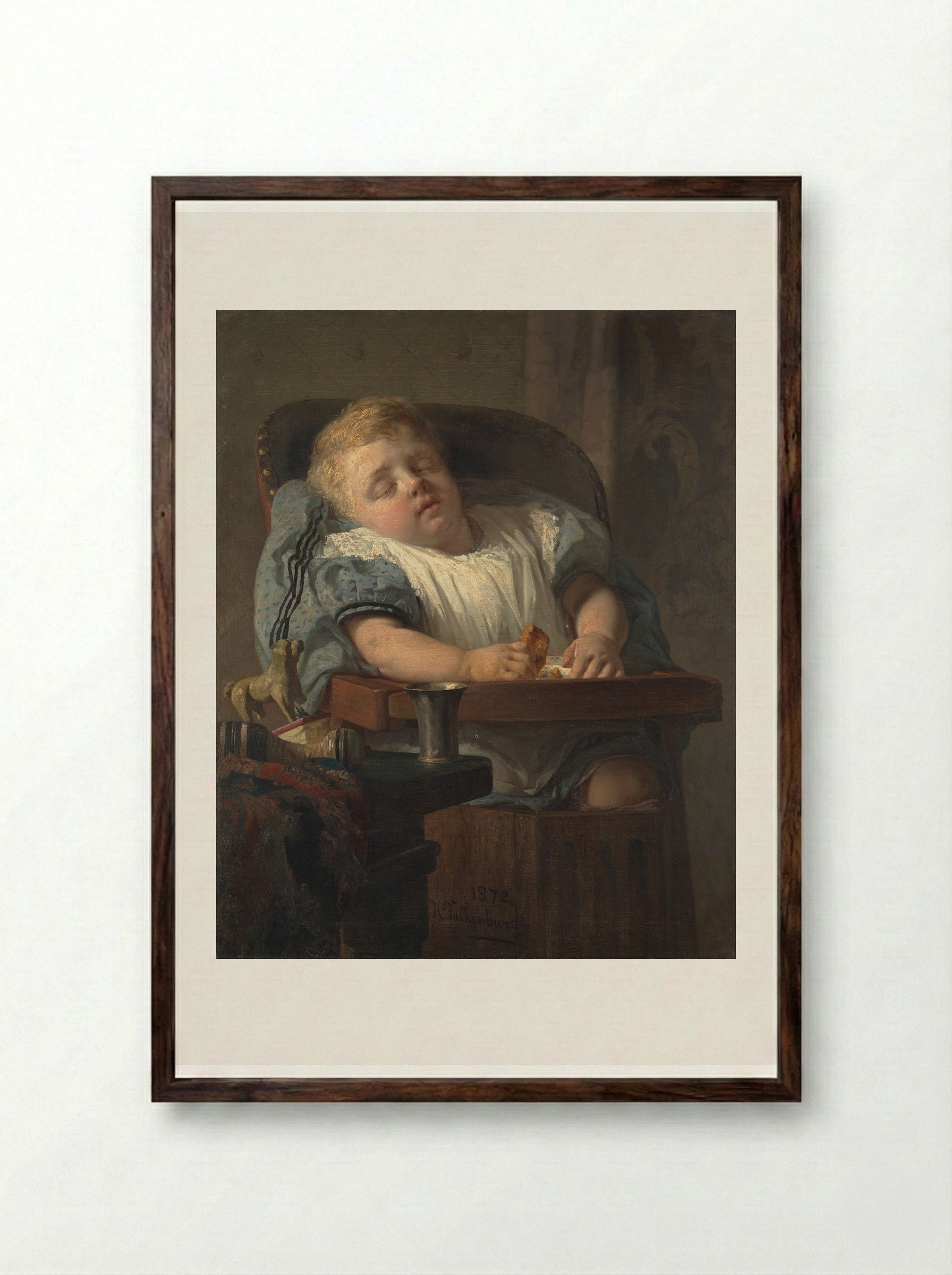 Mother with a Child in a High Chair in an Interior - Hendrik Valkenburg - Framed Print Dark Wood