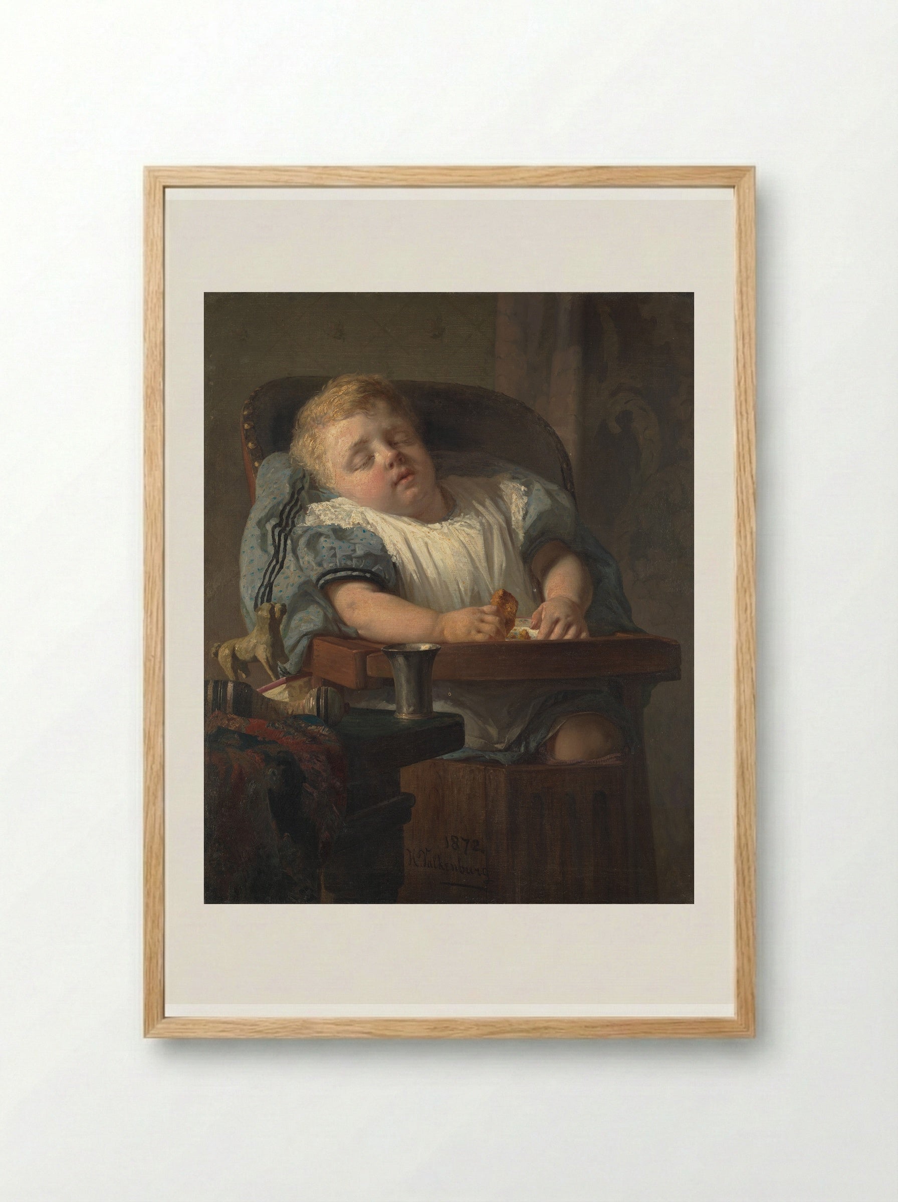Mother with a Child in a High Chair in an Interior - Hendrik Valkenburg - Framed Print Wood