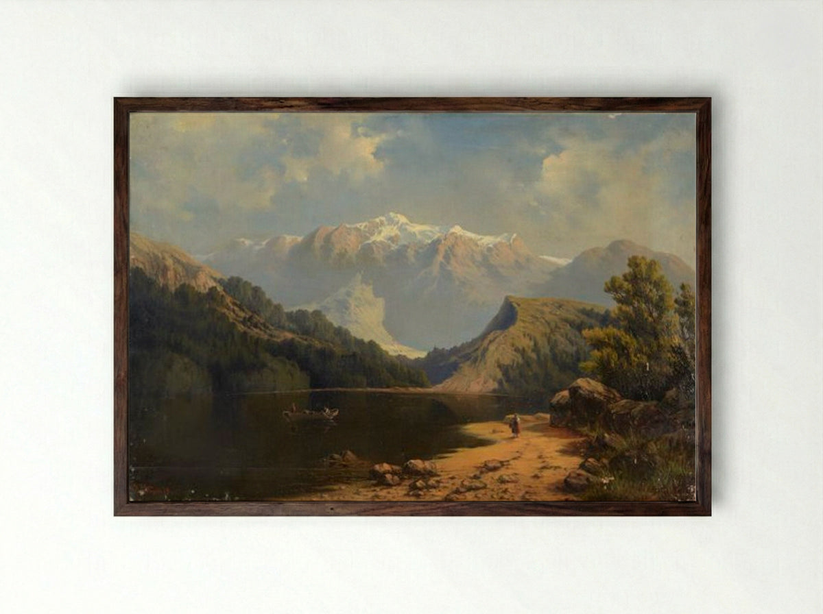 Mountain Lake with a Boat - Julius Sergius von Klever - Framed Print Dark Wood