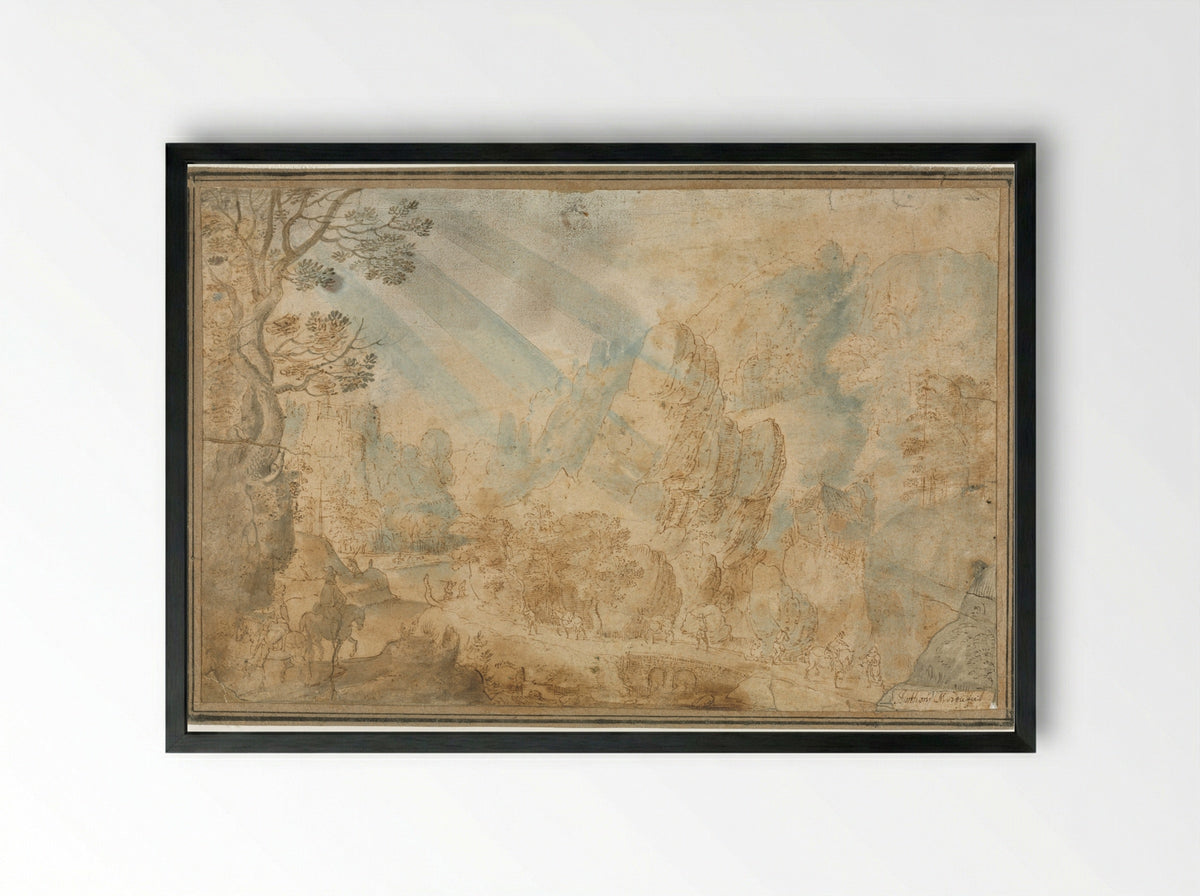 Mountain Landscape with Figures - Anton Mirou - Framed Print Black