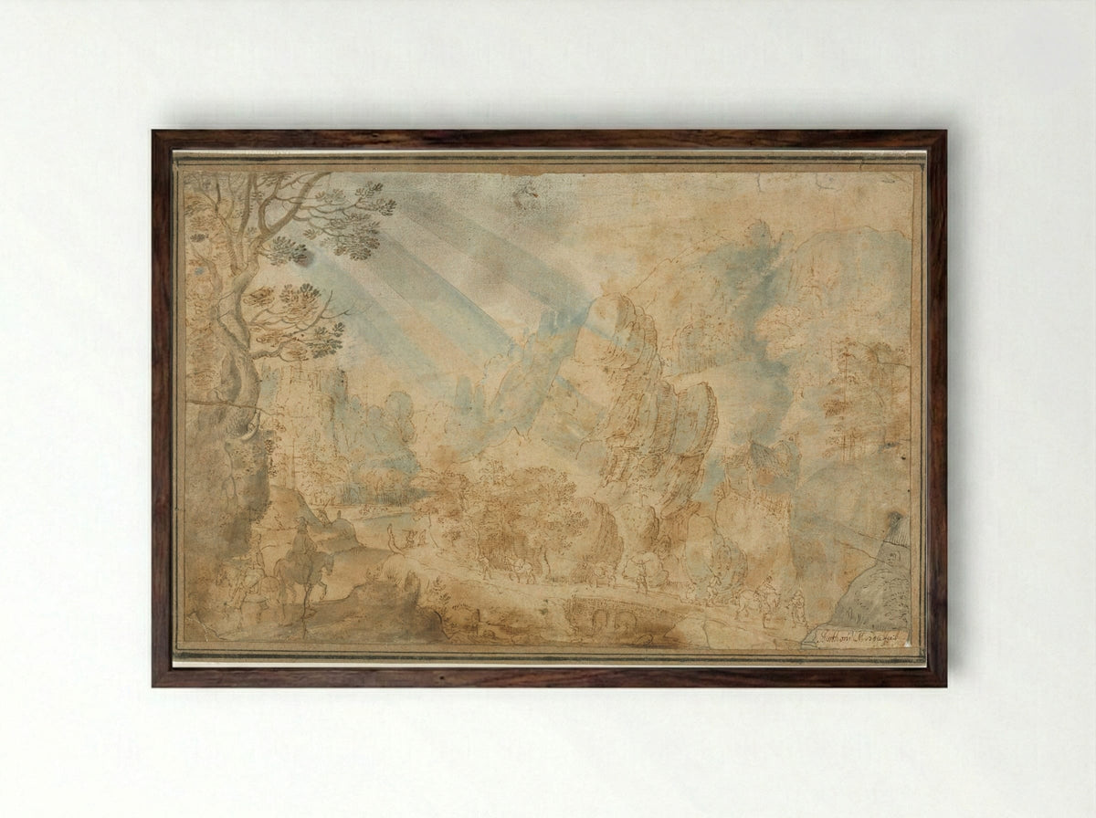 Mountain Landscape with Figures - Anton Mirou - Framed Print Dark Wood