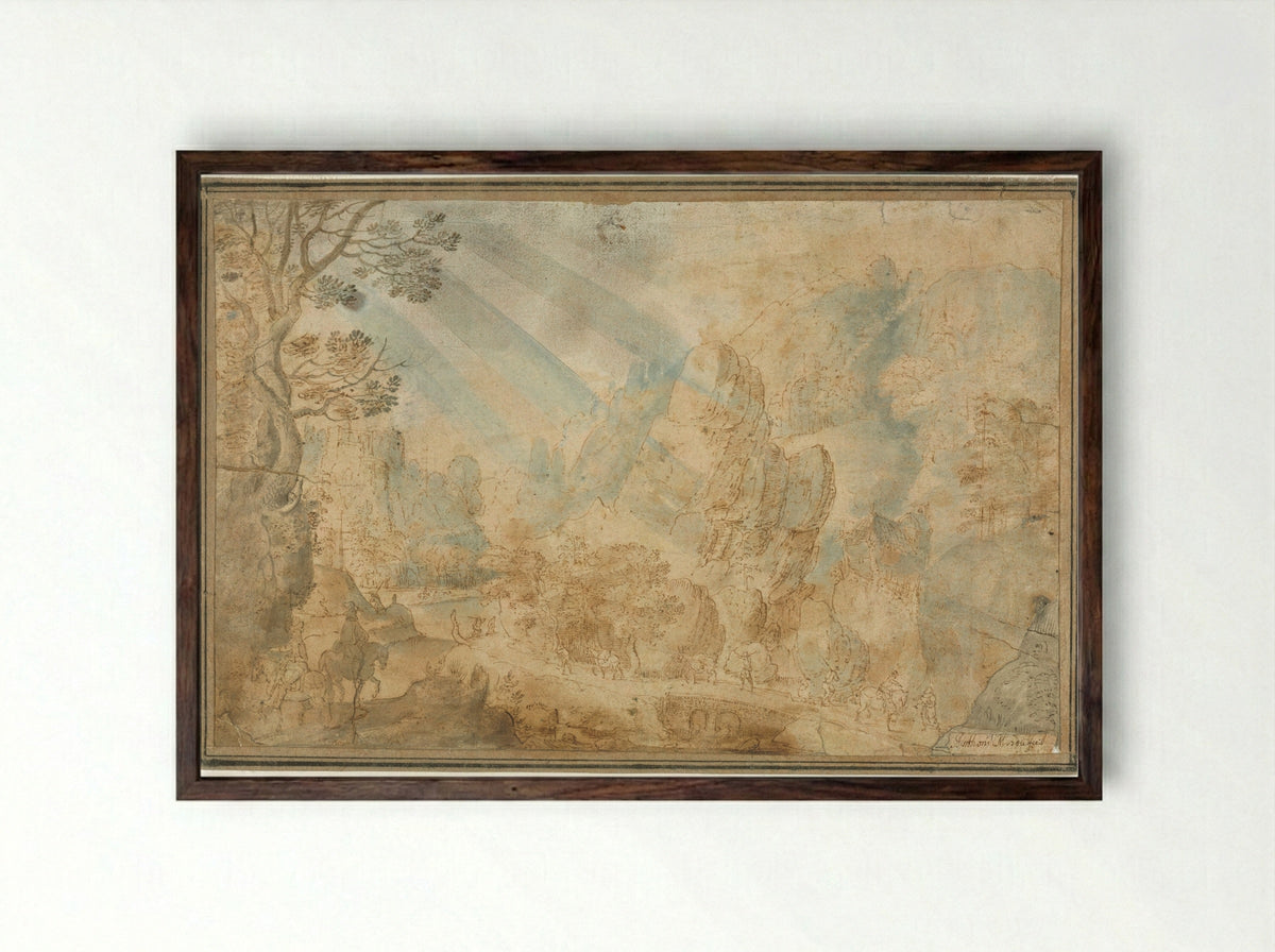 Mountain Landscape with Figures - Anton Mirou - Framed Print Dark Wood