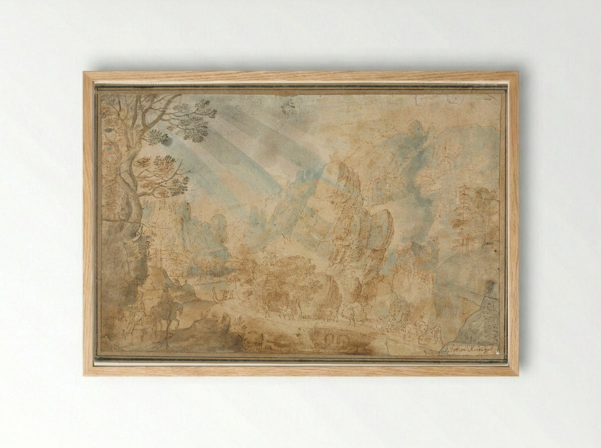 Mountain Landscape with Figures - Anton Mirou - Framed Print Wood