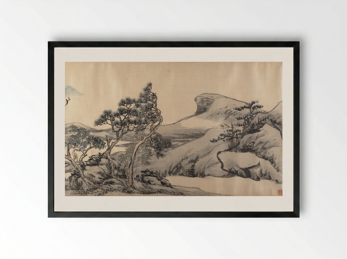 Mountain Landscape with Scholar - Zhang Cining - Framed Print Black