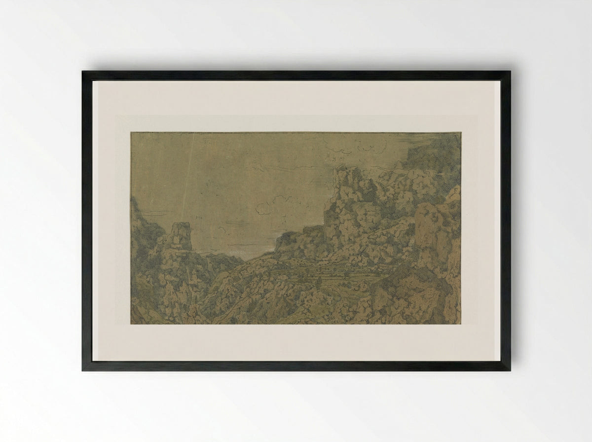 Mountain Landscape with a Plateau - Hercules Segers - Framed Print Black