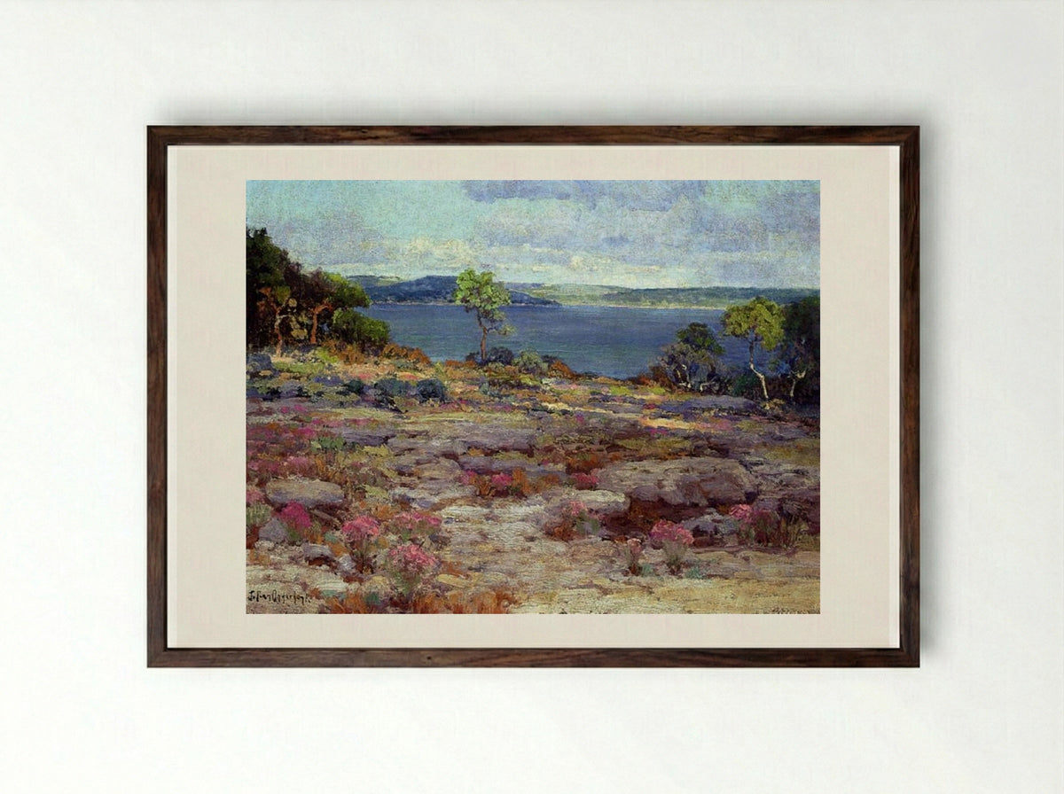 Mountain Pinks in Bloom, Medina Lake, Southwest Texas - Robert Julian Onderdonk - Framed Print Dark Wood